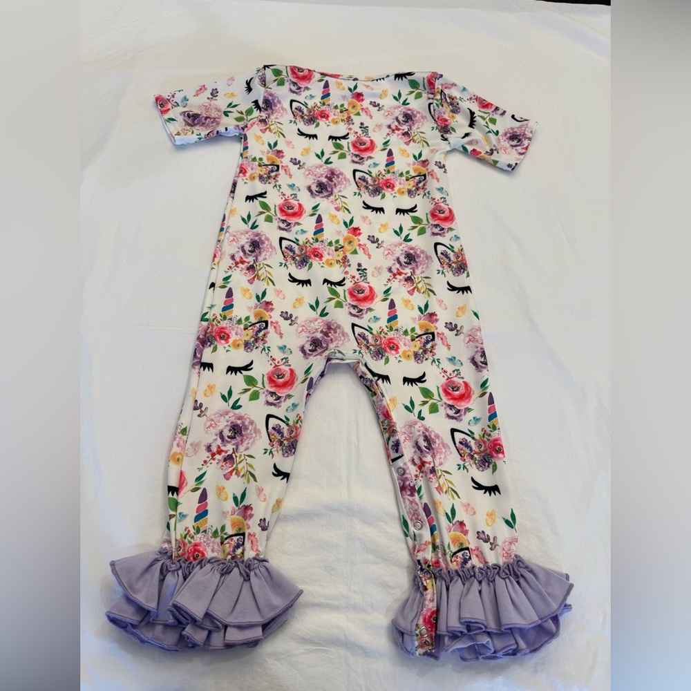 Boutique Floral Unicorn Romper with Ruffle Cuffs - Size 3